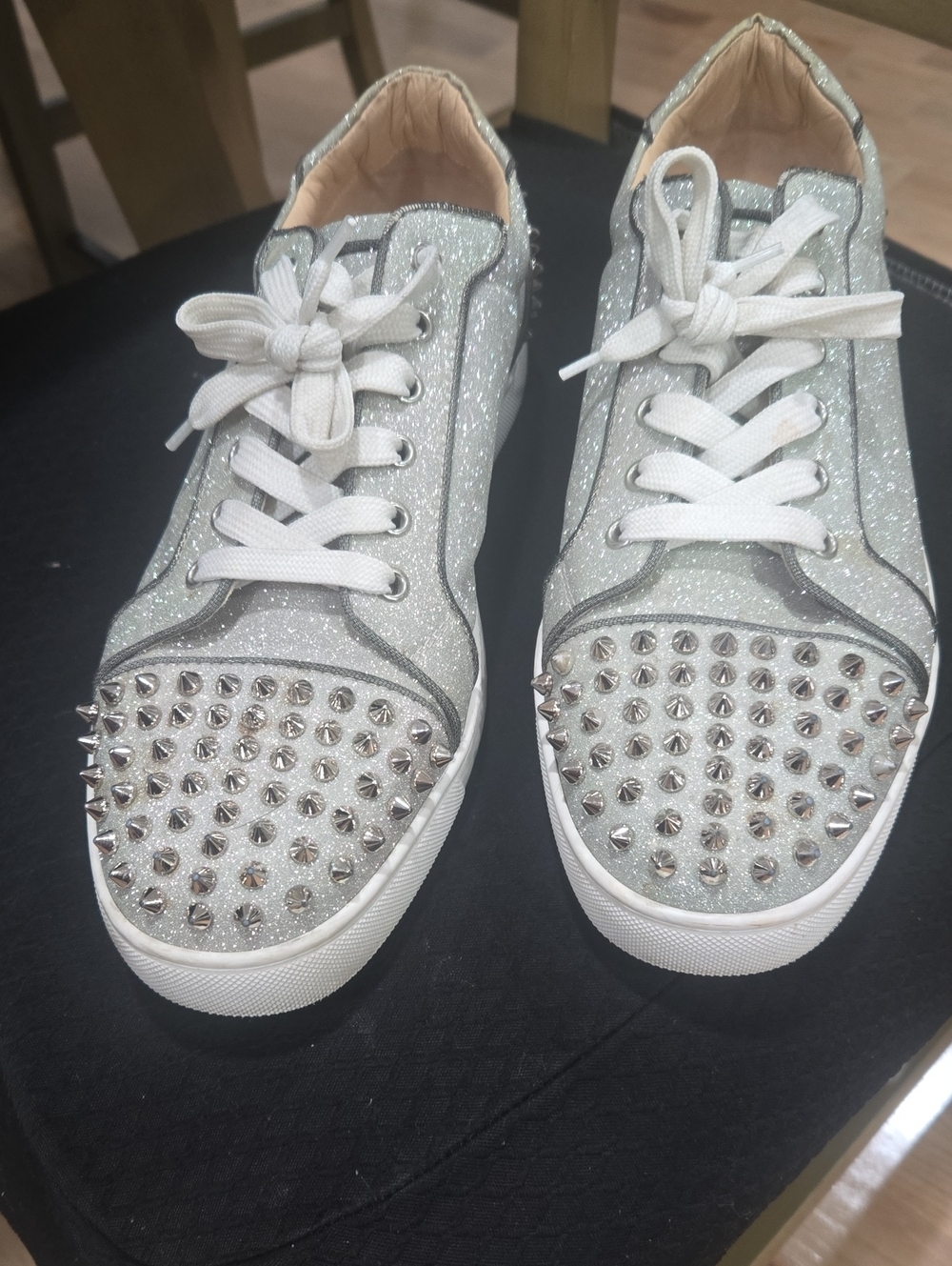 Christian Louboutin Silver Glitter Spike-Embellished Sneaker